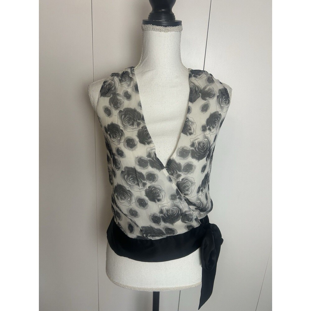 WHITE HOUSE BLACK MARKET Silk Surplice Wrap Blouse Women’s Sz XS White Black